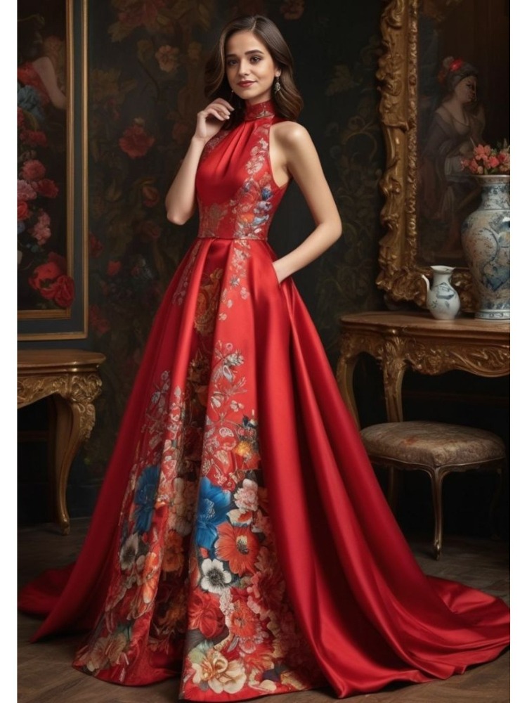 Men'S Formal Wear For Wedding Guest - Gaun Prom Mewah Satin Merah Bermotif